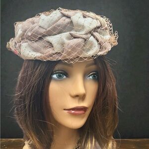 Vintage Women's Saucy Net Fascinator Hat with Fabric Roses Taupe Beige